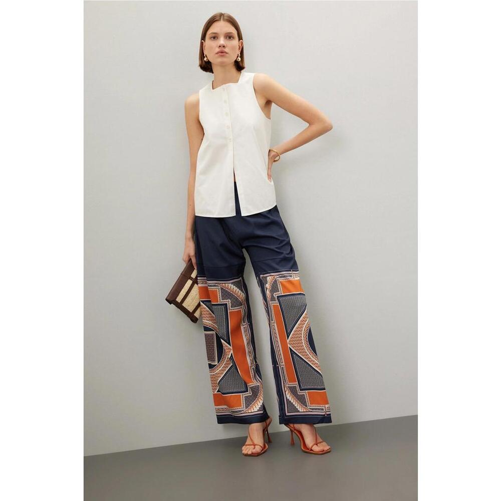 Rosetta Getty x RTR Navy & Orange Printed Wide Leg Trousers Size 2 Fabric Pull